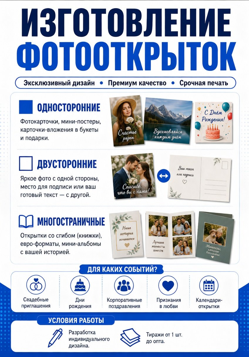 Плакат: виды фотооткрыток — односторонние, двусторонние и книжки