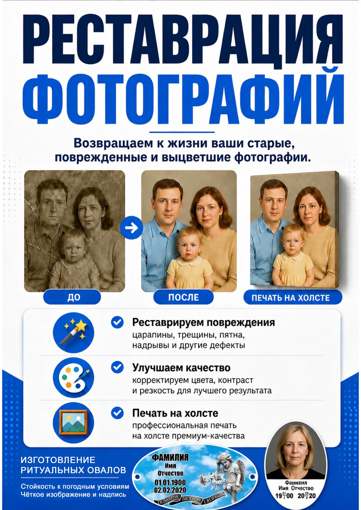 Плакат: реставрация фотографий, печать на холсте и ритуальные овалы
